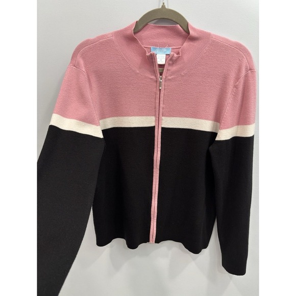 Jennifer Moore Full Zip Front Colorblock Sweater Pink Black M Preppy Knit Top - Picture 4 of 10